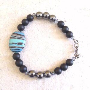 Energetic & Spunky Beaded Bracelet 7-8" ~ Fordite + Hematite + Black Beads